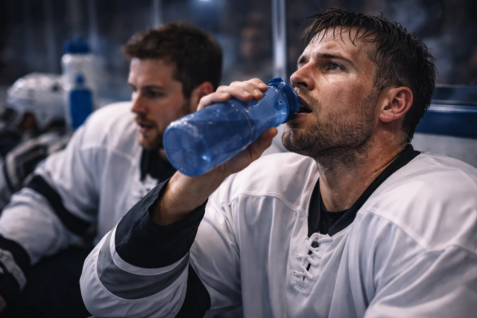 Erschöpfte Eishockeyspieler auf der Bank während einer Spielpause zeigen die Belastung aufeinanderfolgender Spiele