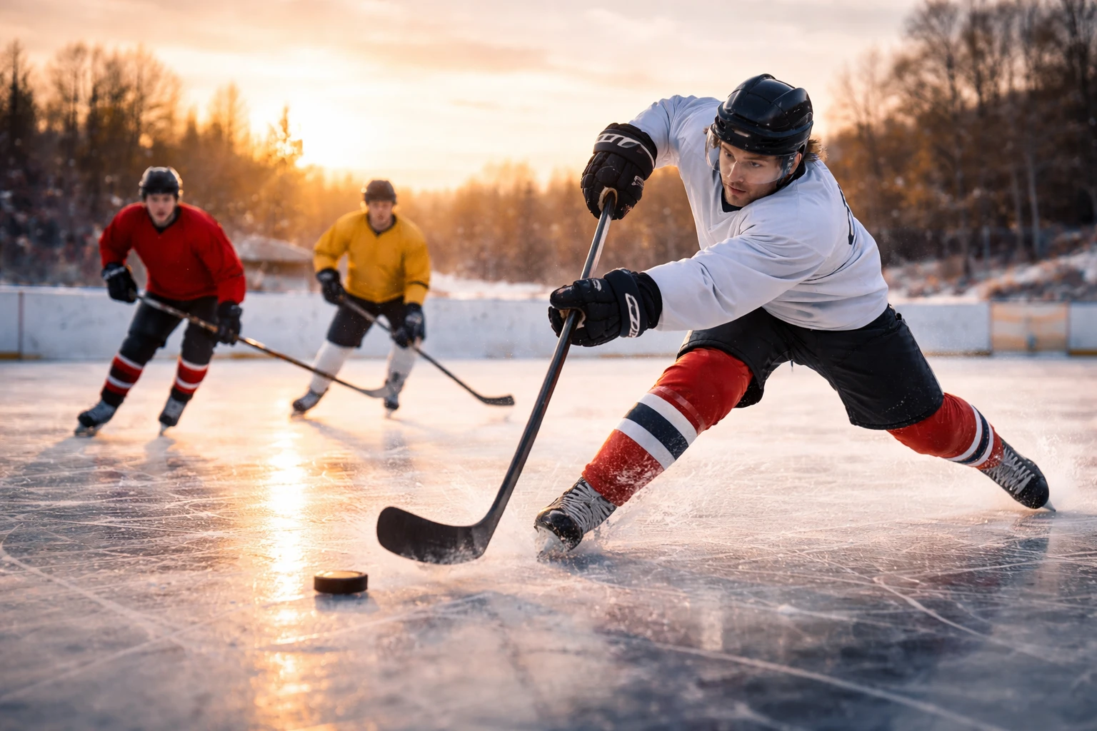Junge Eishockeyspieler trainieren auf einer Freiluft-Eisbahn bei Sonnenuntergang in deutscher Winterlandschaft