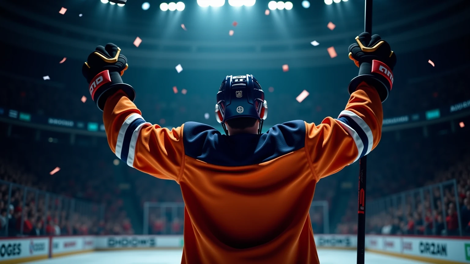 Deutscher NHL-Spieler feiert triumphierend ein Tor mit erhobenen Armen in der Arena