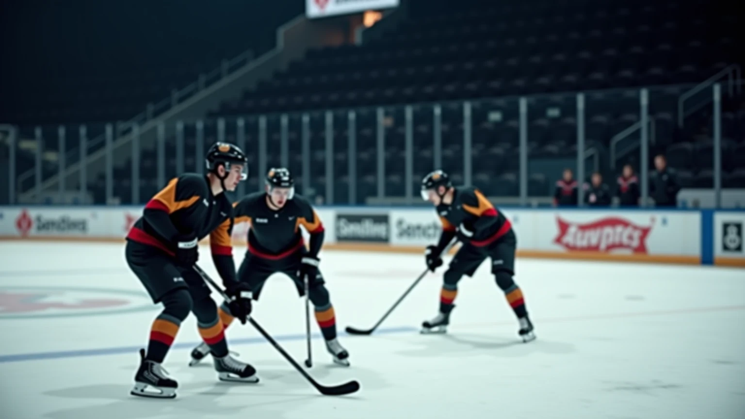 Deutsche NHL-Eishockeyspieler beim intensiven Training auf dem Eis mit Teamgeist und Entschlossenheit