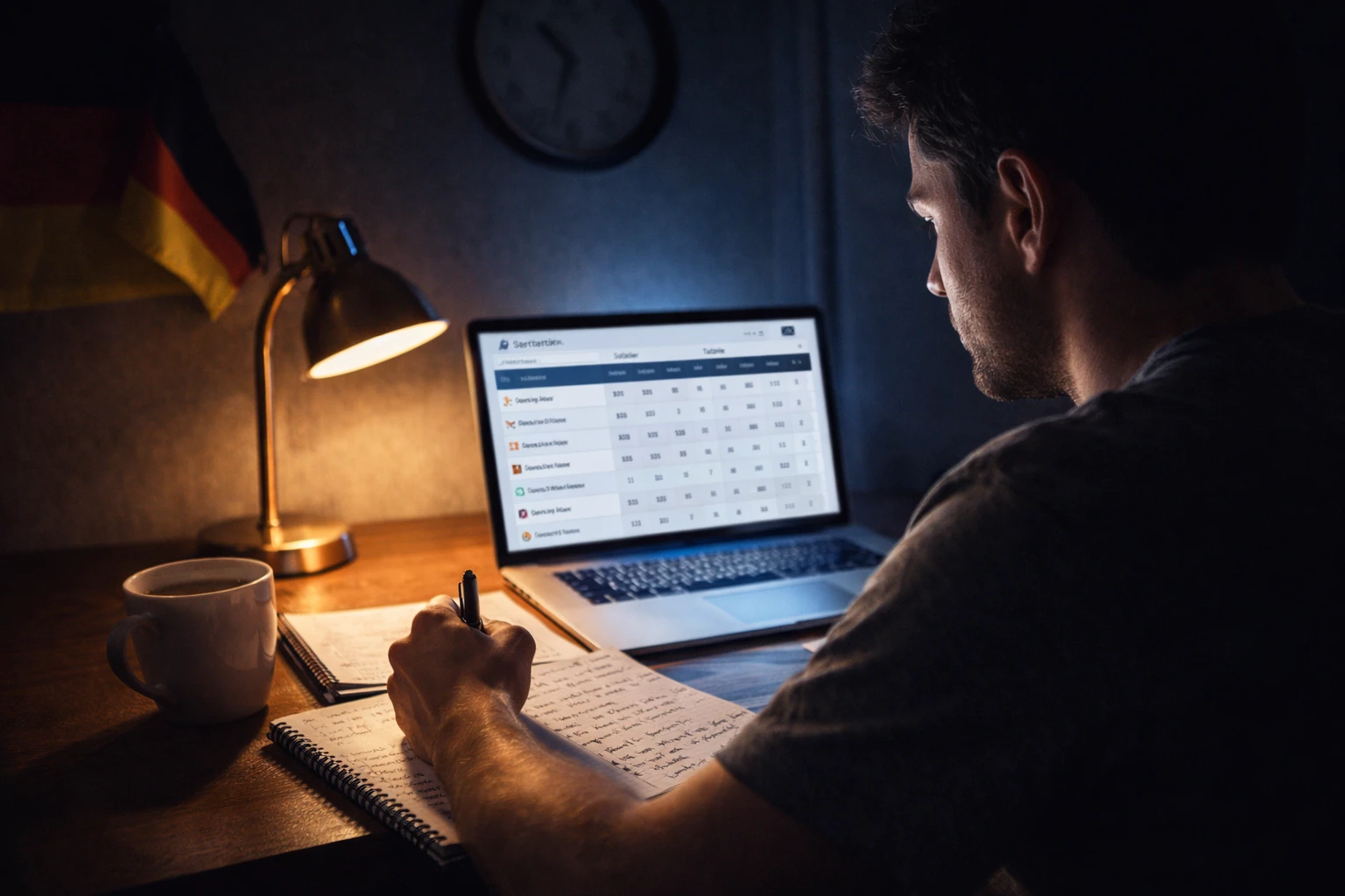 Deutscher Hockey-Fan analysiert NHL-Statistiken spät in der Nacht am Laptop mit Deutschlandflagge im Hintergrund