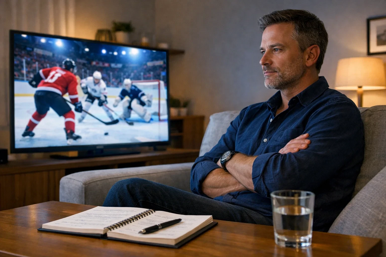 Person beobachtet ruhig und analytisch ein Hockeyspiel im Fernsehen mit Notizen zur Analyse