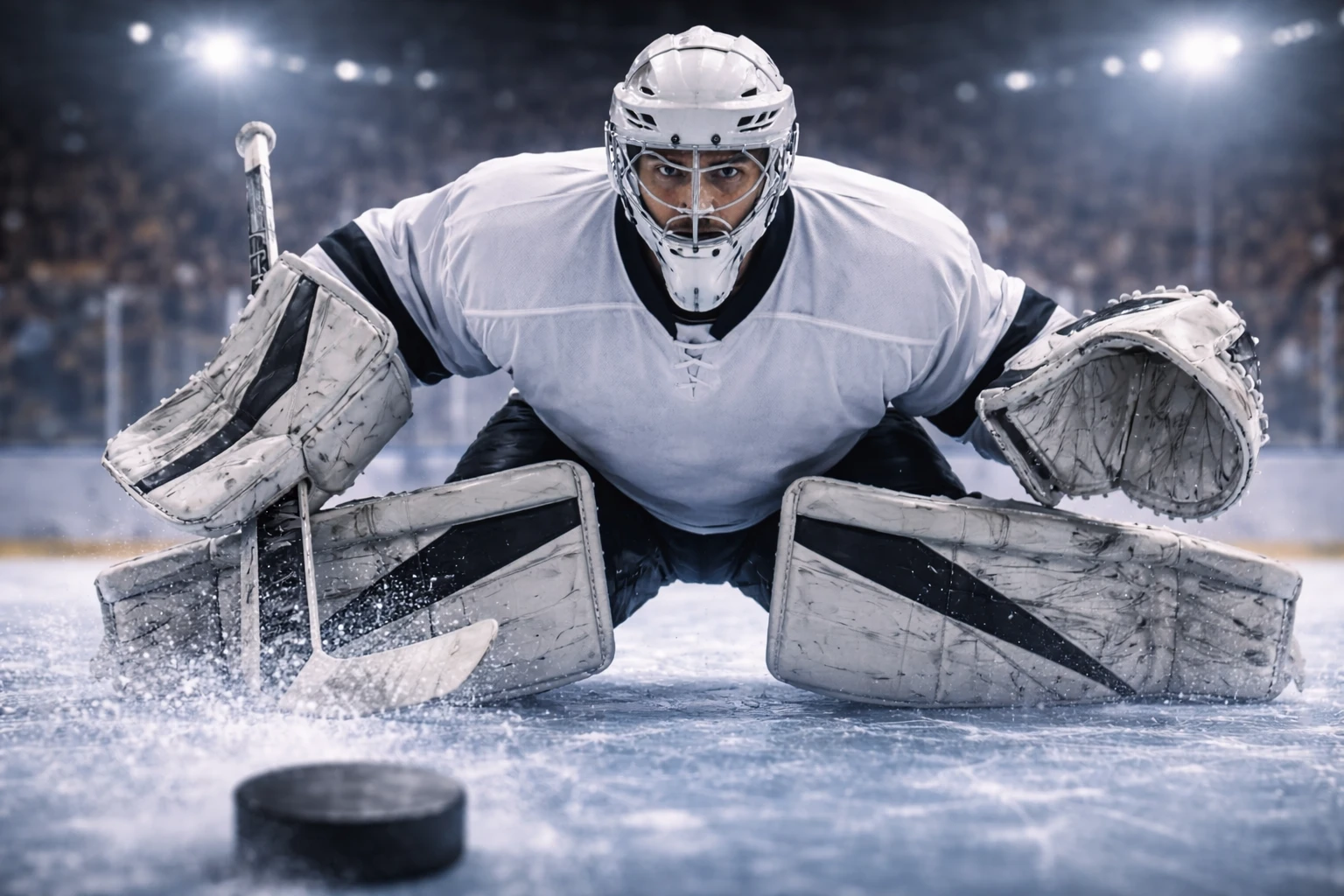 Eishockey-Torwart in Schmetterlingsposition bereit zur Parade während eines intensiven Spielmoments