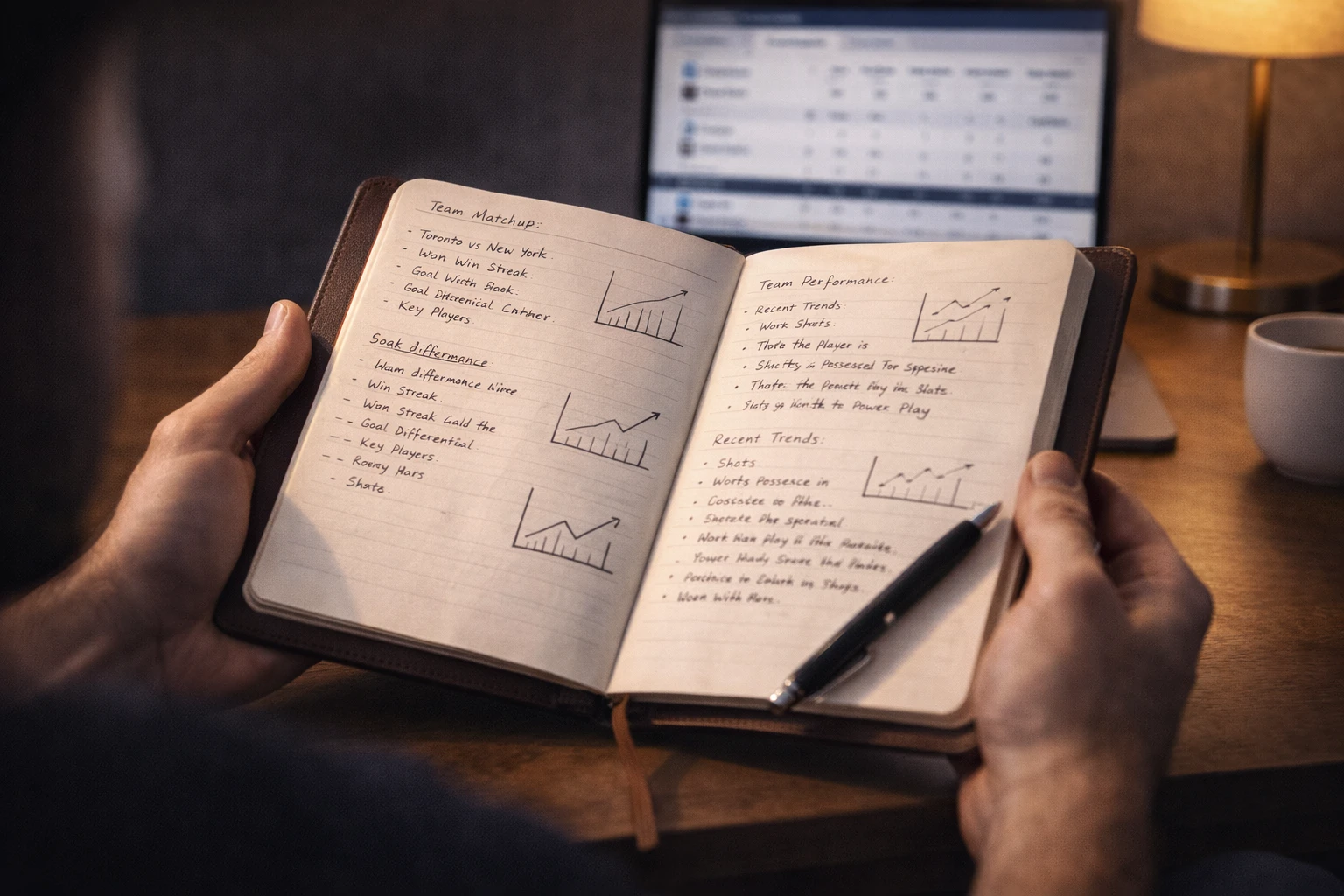 Person führt ein detailliertes Analysetagebuch mit handgeschriebenen Notizen und Trenddiagrammen