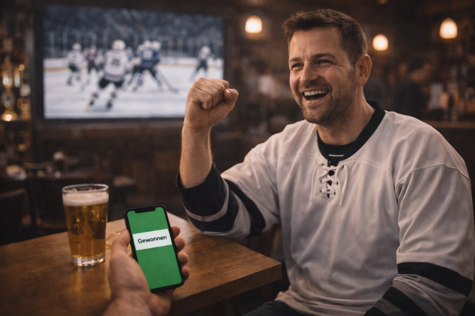 Hockey-Fan feiert einen Sieg in einer Sportsbar beim Anschauen eines NHL-Spiels