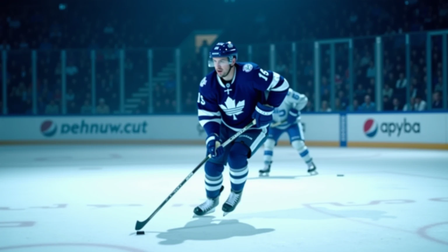 Dynamischer NHL-Eishockeyspieler in voller Aktion auf dem Eis mit Arena-Atmosphäre