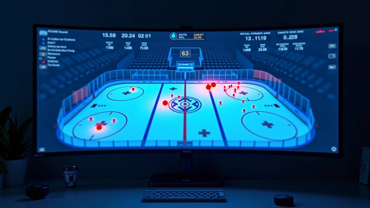Moderne Sportanalyse-Arbeitsplatz mit Hockey-Datenvisualisierung und Heatmap auf dem Bildschirm