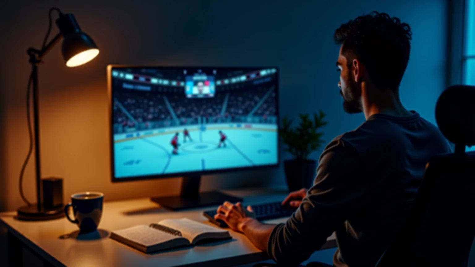 Sportanalyst studiert NHL-Statistiken und Spielanalysen am modernen Arbeitsplatz