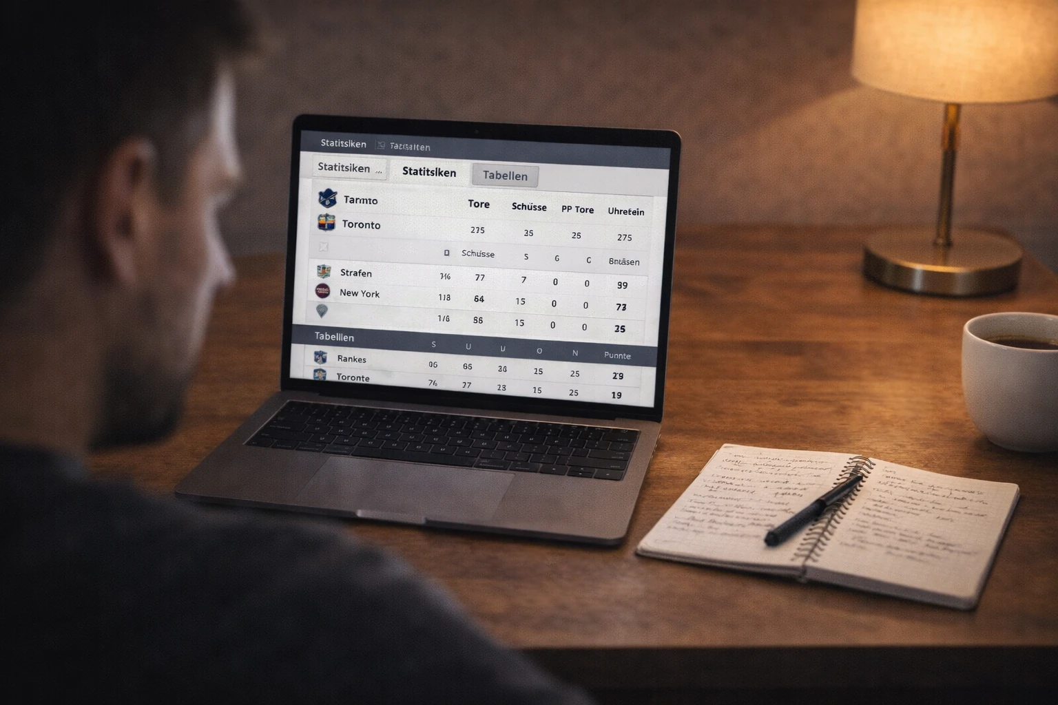 Person analysiert Hockey-Statistiken auf einem Laptop in einem Homeoffice mit Notizen und strategischer Planung