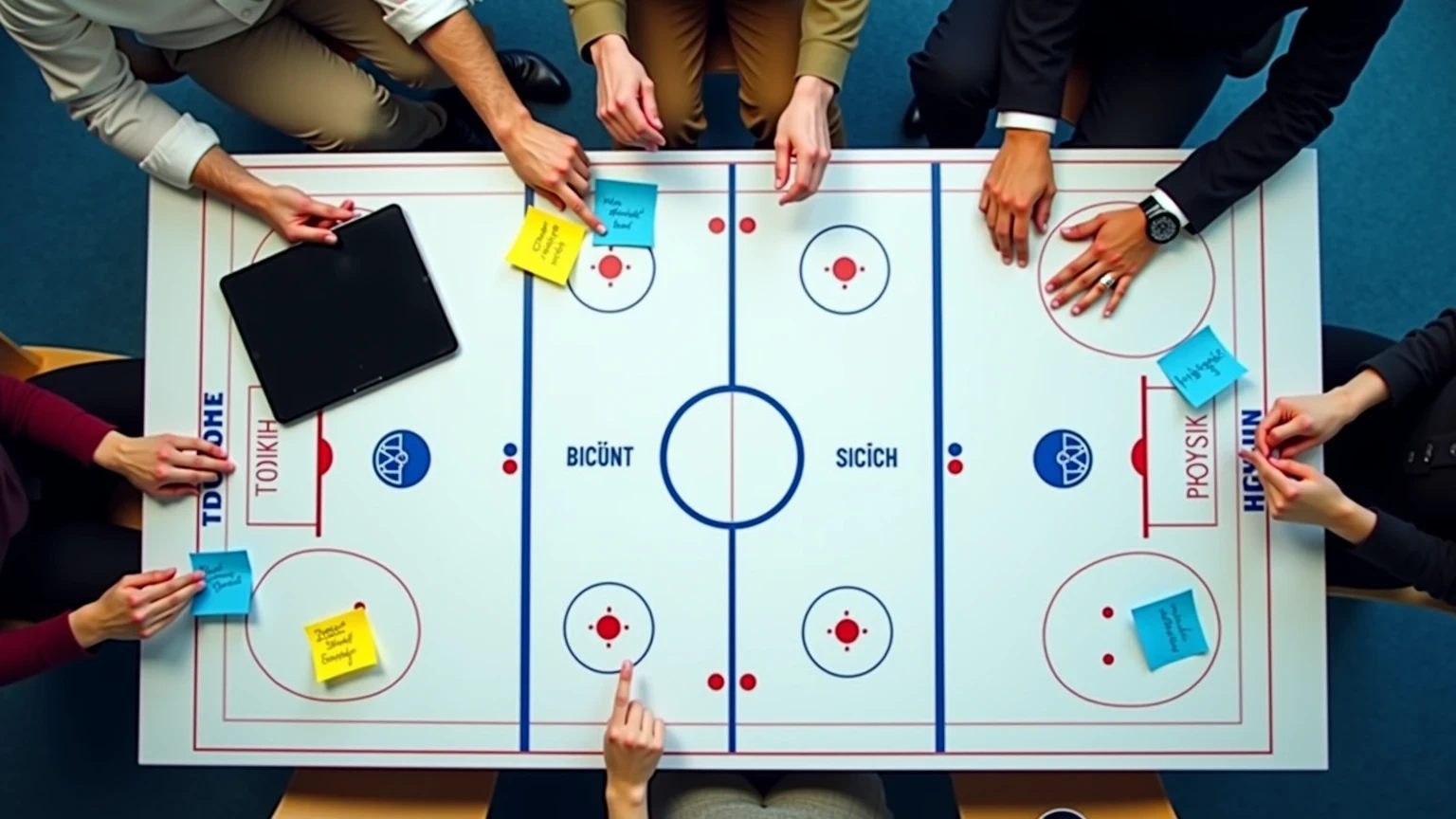 Strategische Planungsszene mit NHL-Taktikdokumenten und Analyse-Tools auf einem Konferenztisch