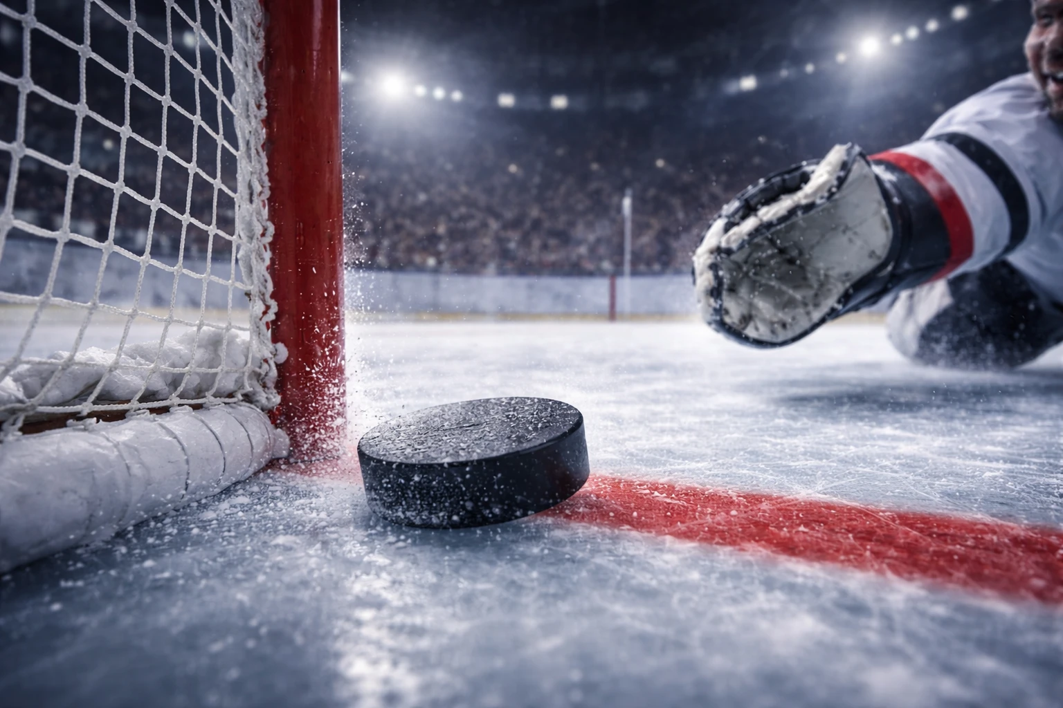 Dynamischer Moment eines Eishockey-Pucks der die Torlinie überquert und ins Netz geht