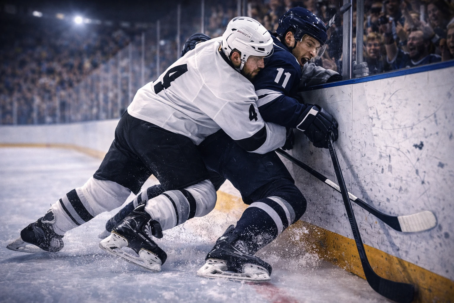 Intensive Körperspiel-Szene im NHL-Playoff mit zwei Spielern im Kampf an der Bande