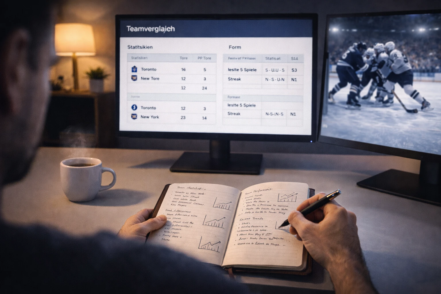 Person analysiert Hockey-Statistiken auf zwei Monitoren mit Notizen und methodischer Recherche