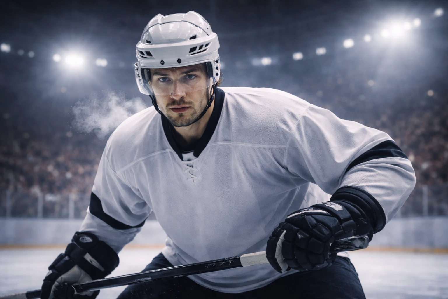 Professioneller Eishockeyspieler in voller Ausrüstung während eines Spiels in heroischer Porträtdarstellung