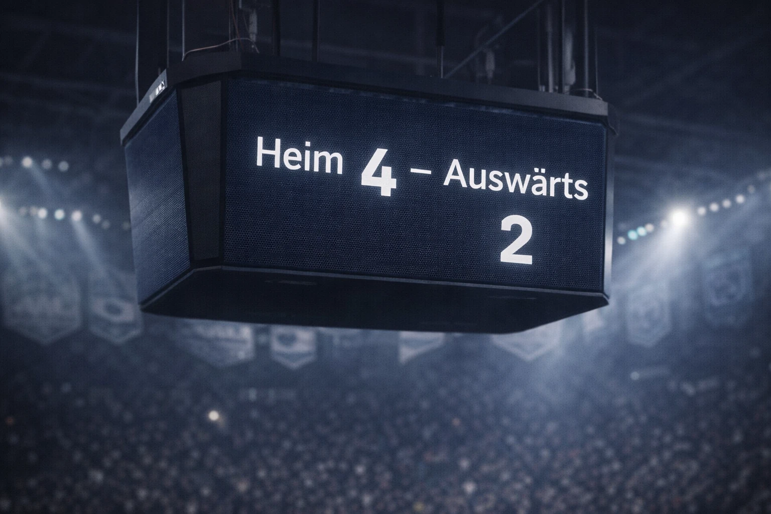 Eishockey-Anzeigetafel in einer professionellen Arena mit einem Zwei-Tore-Unterschied im Endergebnis