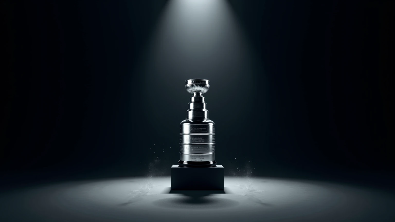 Stanley Cup Trophäe im dramatischen Scheinwerferlicht mit glänzender Silberoberfläche und gravierten Meisternamen