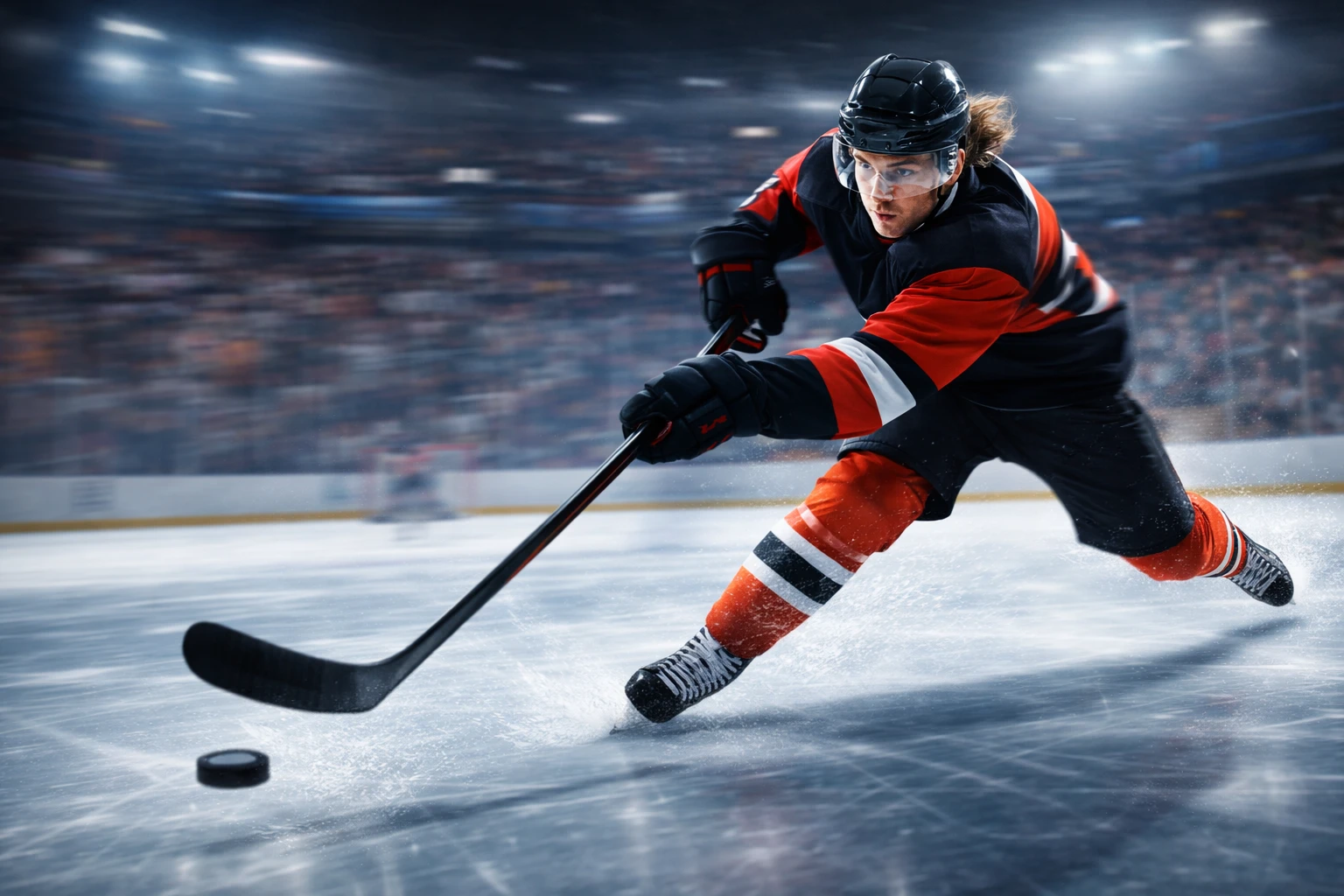 Junger Stürmer skatet mit hoher Geschwindigkeit durch die neutrale Zone mit dem Puck