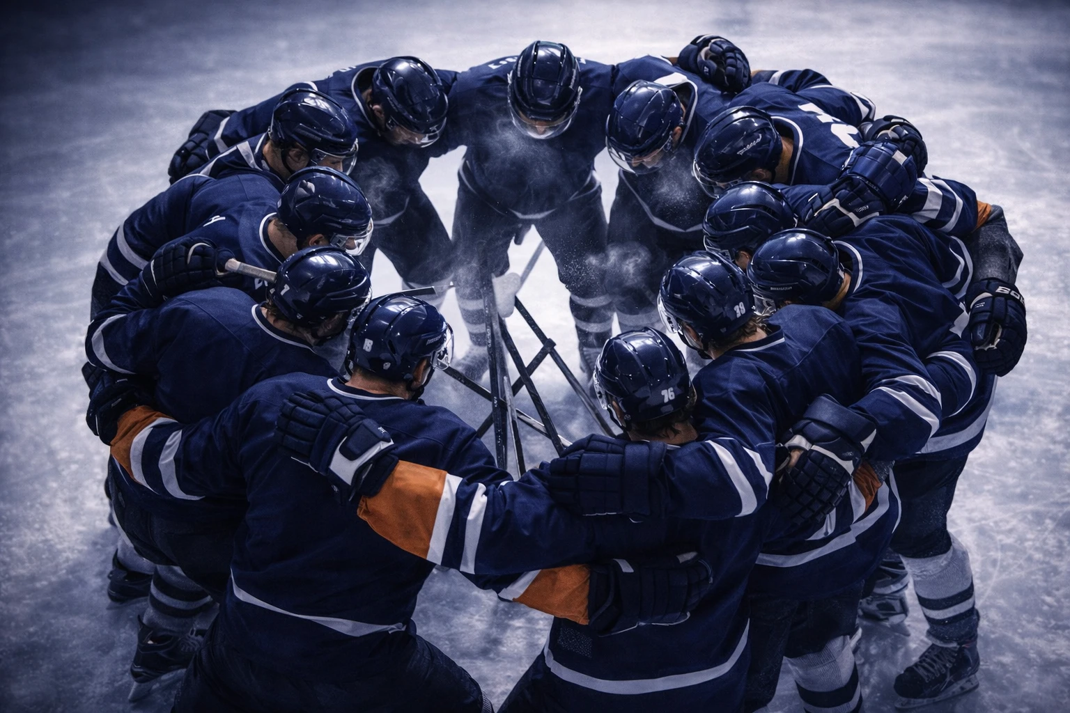 Hockey-Team-Huddle auf dem Eis zeigt Teamzusammenhalt und kollektive Entschlossenheit