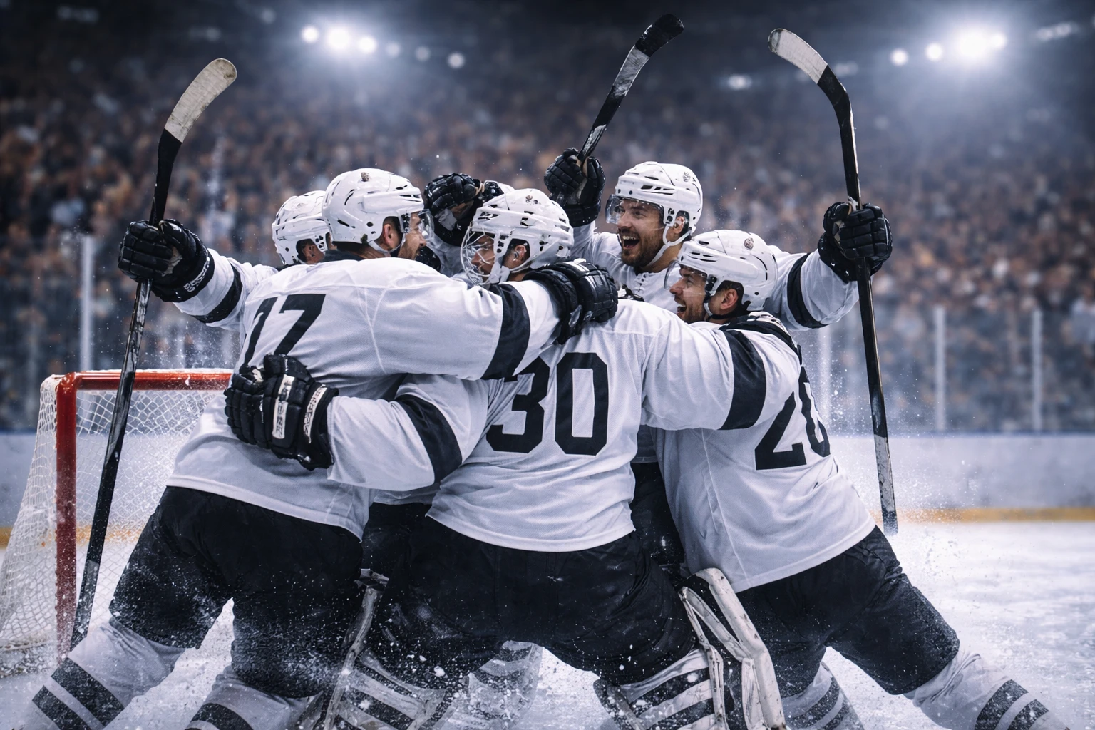 Außenseiter-Hockeyteam feiert einen überraschenden Sieg auf dem Eis mit erhobenen Schlägern
